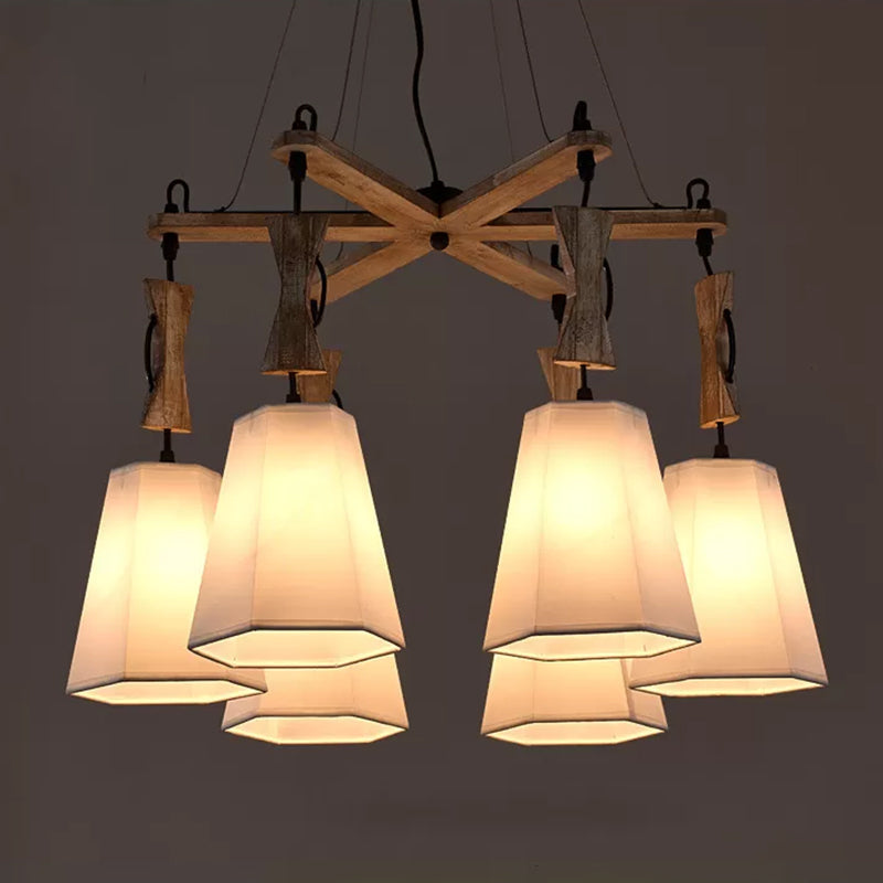 Tapered Chandelier Lighting: Industrial 6-Head Suspension Lamp In Black/White/Flaxen Wood