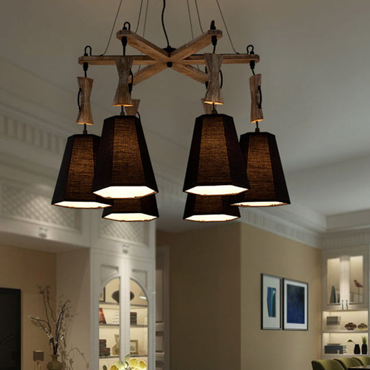 Tapered Chandelier Lighting: Industrial 6-Head Suspension Lamp In Black/White/Flaxen Wood