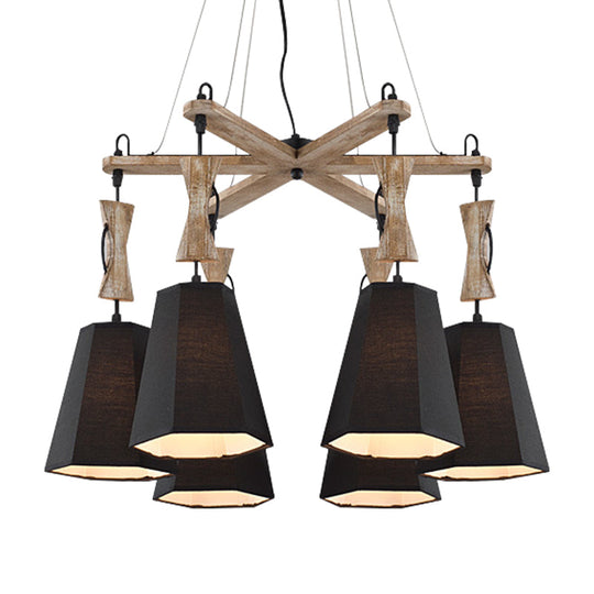 Tapered Industrial Chandelier with 6 Heads in Black, White, and Flaxen Wood