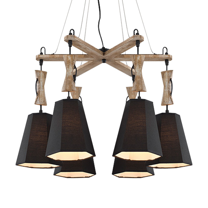 Tapered Chandelier Lighting: Industrial 6-Head Suspension Lamp In Black/White/Flaxen Wood Black