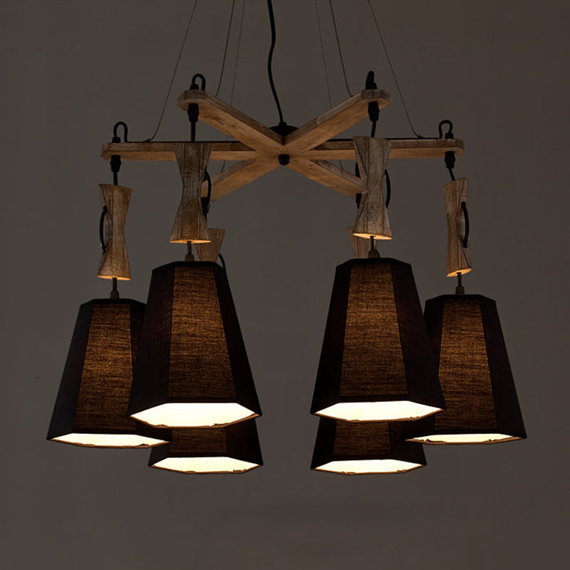 Tapered Industrial Chandelier with 6 Heads in Black, White, and Flaxen Wood