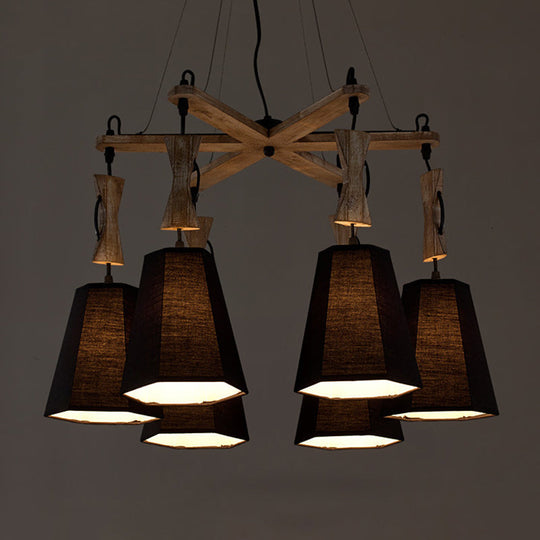 Tapered Chandelier Lighting: Industrial 6-Head Suspension Lamp In Black/White/Flaxen Wood