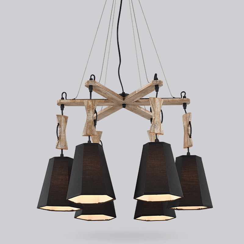 Tapered Industrial Chandelier with 6 Heads in Black, White, and Flaxen Wood