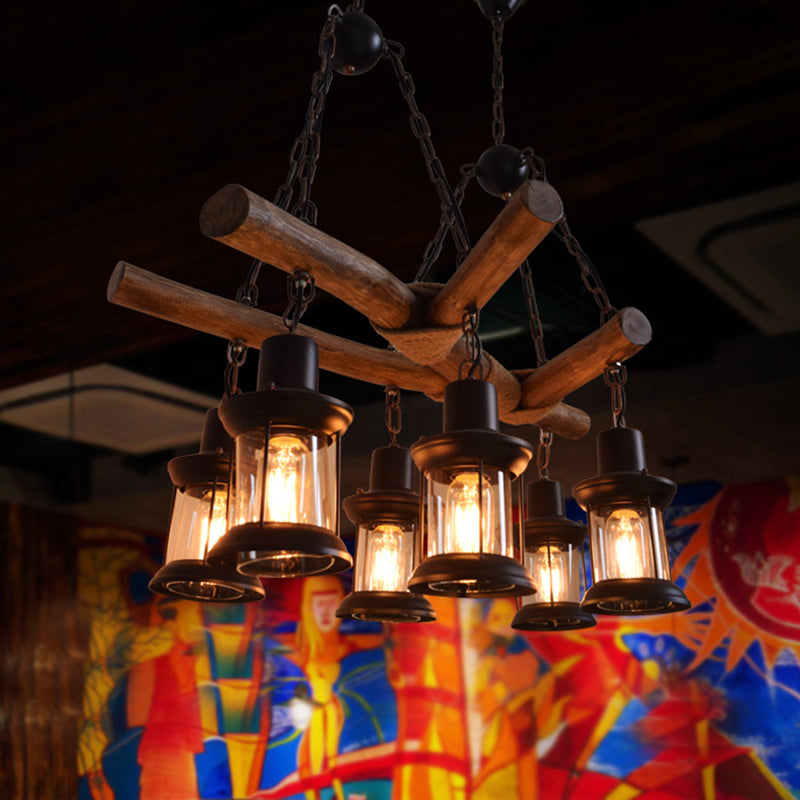 Industrial 6-Head Wood Pendant Lantern for Restaurant Chandelier