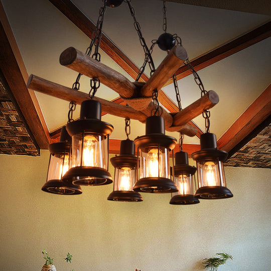 Industrial 6-Head Wood Pendant Lantern for Restaurant Chandelier