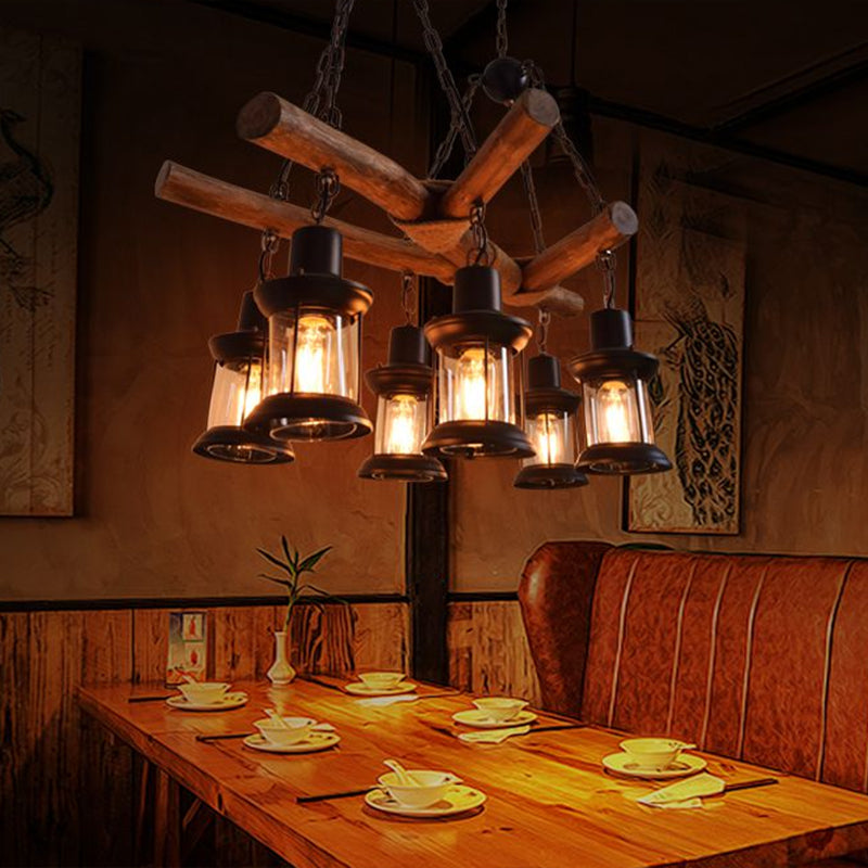 Industrial 6-Head Wood Pendant Lantern for Restaurant Chandelier