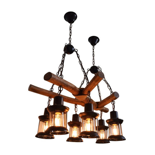 Industrial 6-Head Wood Pendant Lantern for Restaurant Chandelier