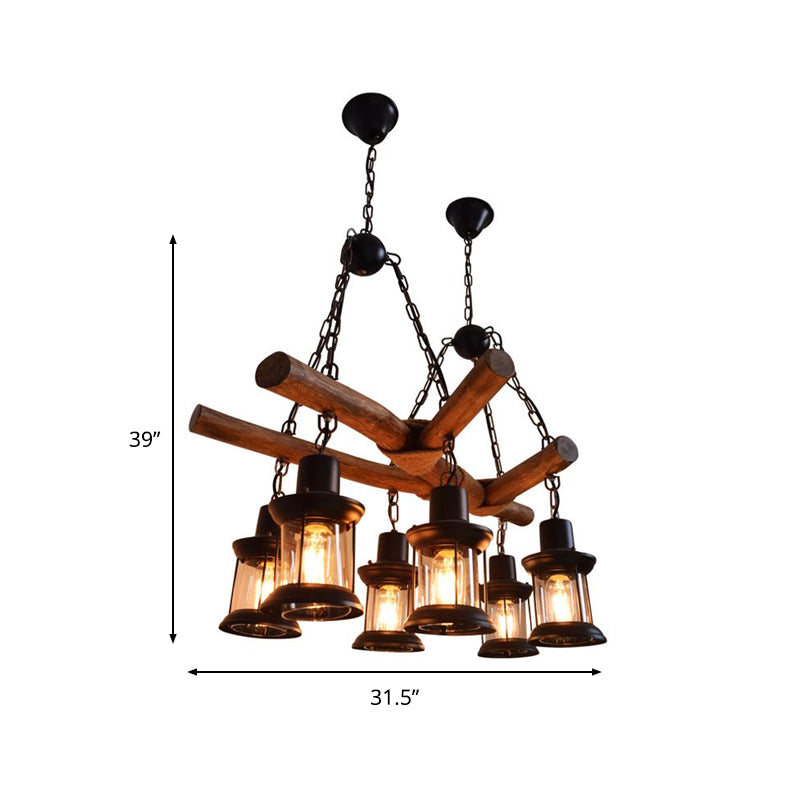 Industrial 6-Head Wood Pendant Lantern for Restaurant Chandelier