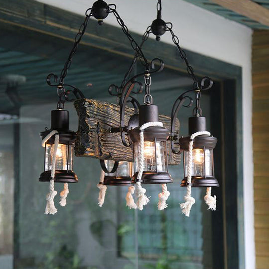 Industrial Lantern Chandelier Pendant Light With Clear Glass And Wood Finish - 4/6 Heads For