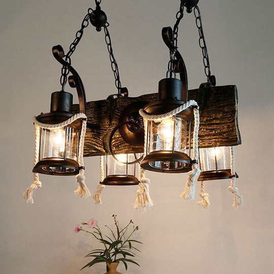 Industrial Clear Glass Chandelier with Wood Accents for Restaurant Ceiling - 4/6 Heads Lantern Pendant Light