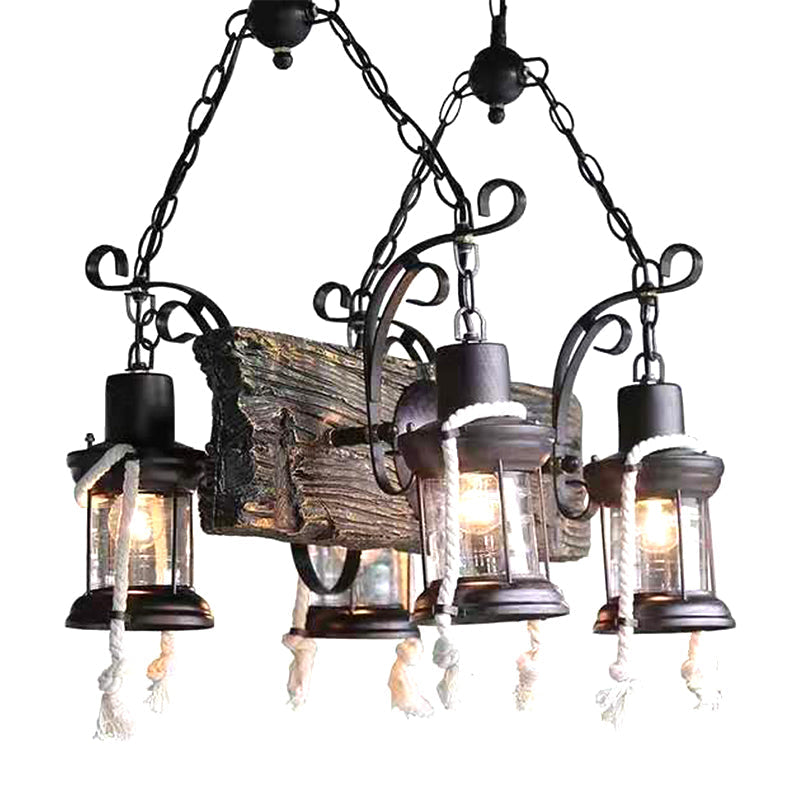 Industrial Clear Glass Chandelier with Wood Accents for Restaurant Ceiling - 4/6 Heads Lantern Pendant Light