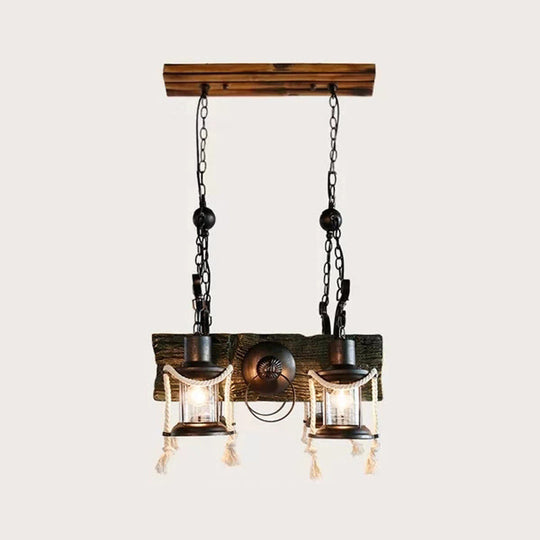 Industrial Clear Glass Chandelier with Wood Accents for Restaurant Ceiling - 4/6 Heads Lantern Pendant Light