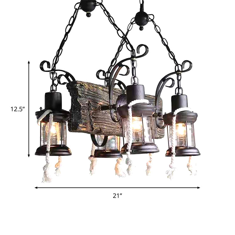 Industrial Lantern Chandelier Pendant Light With Clear Glass And Wood Finish - 4/6 Heads For