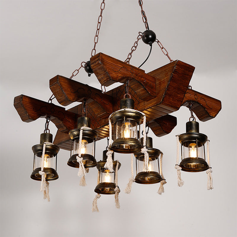 Industrial Clear Glass Chandelier with Wood Accents for Restaurant Ceiling - 4/6 Heads Lantern Pendant Light