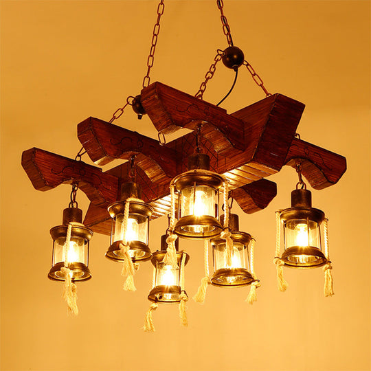 Industrial Lantern Chandelier Pendant Light With Clear Glass And Wood Finish - 4/6 Heads For