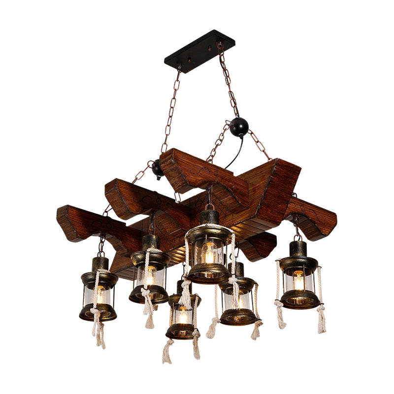 Industrial Clear Glass Chandelier with Wood Accents for Restaurant Ceiling - 4/6 Heads Lantern Pendant Light