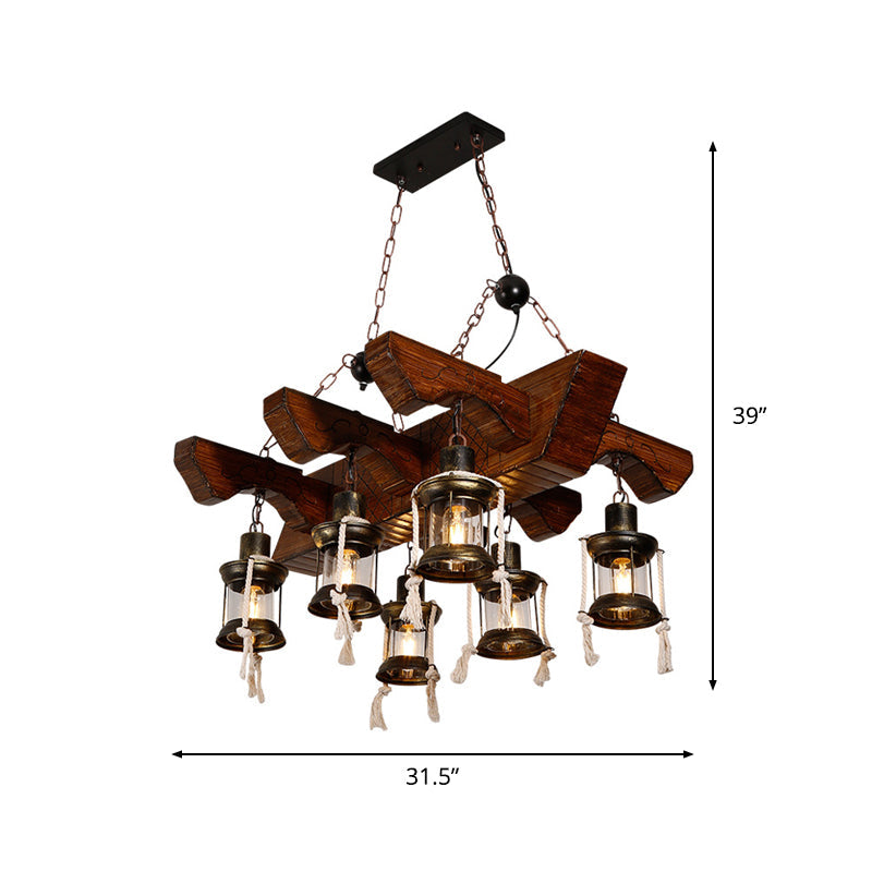 Industrial Clear Glass Chandelier with Wood Accents for Restaurant Ceiling - 4/6 Heads Lantern Pendant Light