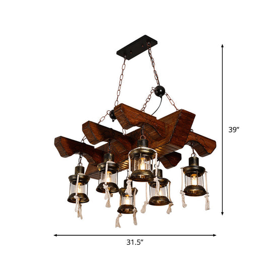 Industrial Lantern Chandelier Pendant Light With Clear Glass And Wood Finish - 4/6 Heads For