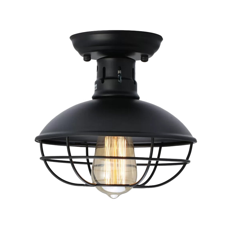 Loft Style Black Metal Semi Flush Ceiling Light with Cage Bottom