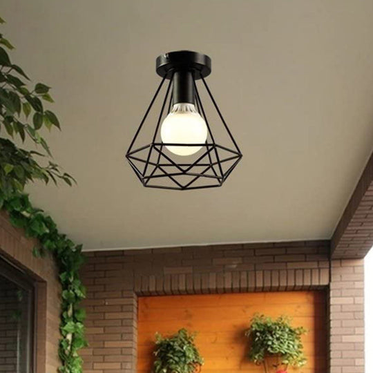 Diamond Iron Vintage 1-Light Balcony Ceiling Flush Light in Black - Semi Mount Lighting