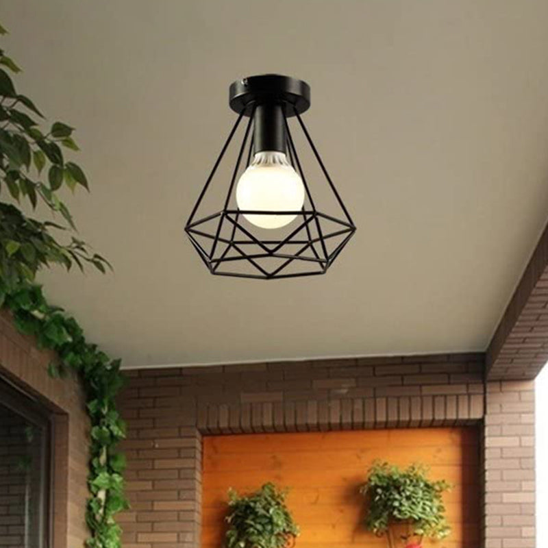 Diamond Iron Vintage 1-Light Balcony Ceiling Flush Light In Black - Semi Mount Lighting