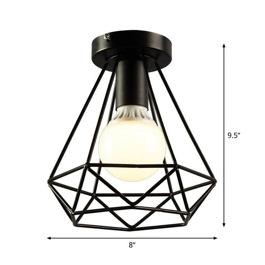 Diamond Iron Vintage 1-Light Balcony Ceiling Flush Light in Black - Semi Mount Lighting