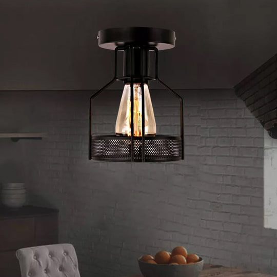 Rustic Iron Bistro Semi Flush Mount Lamp - Black Ceiling Light with Mesh Detail