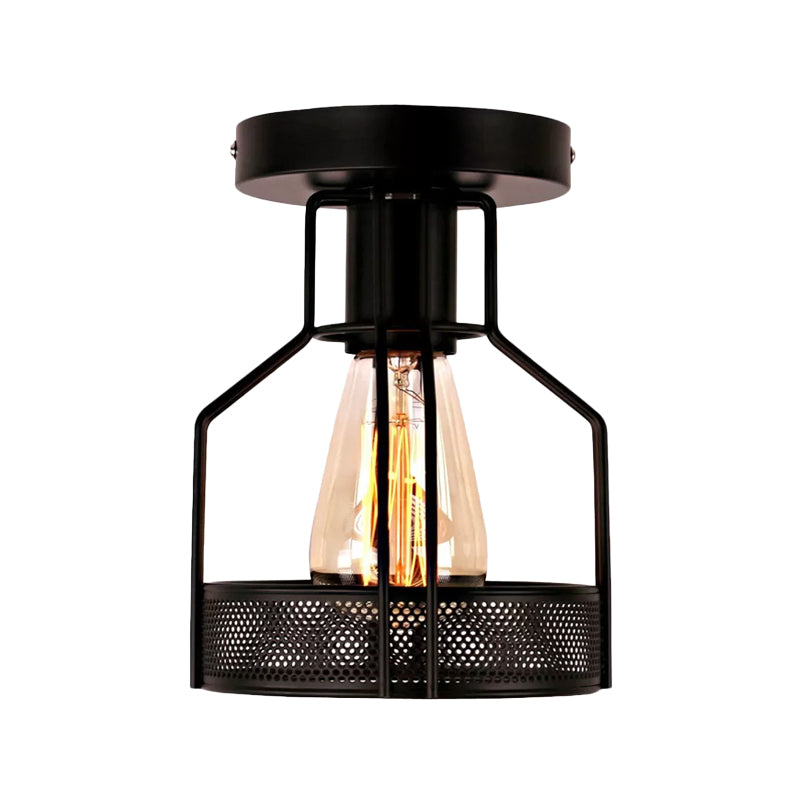 Rustic Iron Bistro Semi Flush Mount Lamp - Black Ceiling Light with Mesh Detail