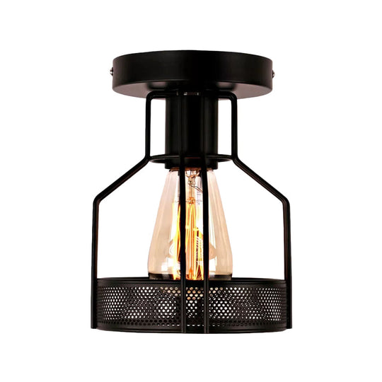 Rustic Iron Bistro Semi Flush Mount Lamp - Black Ceiling Light with Mesh Detail