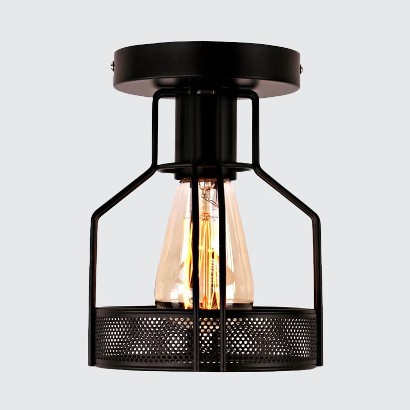 Rustic Iron Bistro Semi Flush Mount Lamp - Black Ceiling Light with Mesh Detail