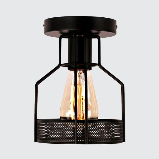 Rustic Iron Bistro Semi Flush Mount Lamp - Black Ceiling Light With Mesh Detail