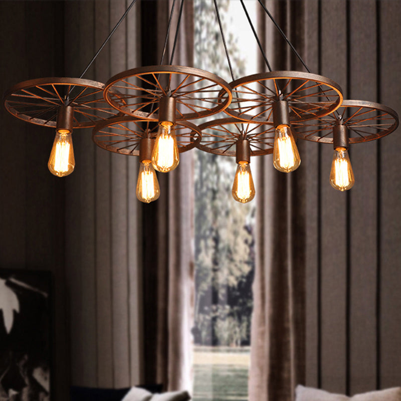 Industrial Rustic Wheel Chandelier - Wrought Iron 3/6-Head Suspension Pendant For Dining Room