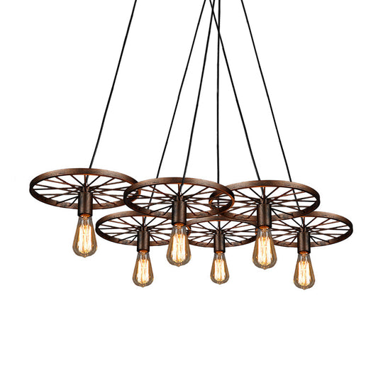 Industrial Rustic Wheel Chandelier - Wrought Iron 3/6-Head Suspension Pendant For Dining Room