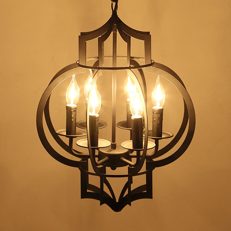 Retro Style 6-Light Metallic Black Chandelier Lantern - Ceiling Suspended Lamp