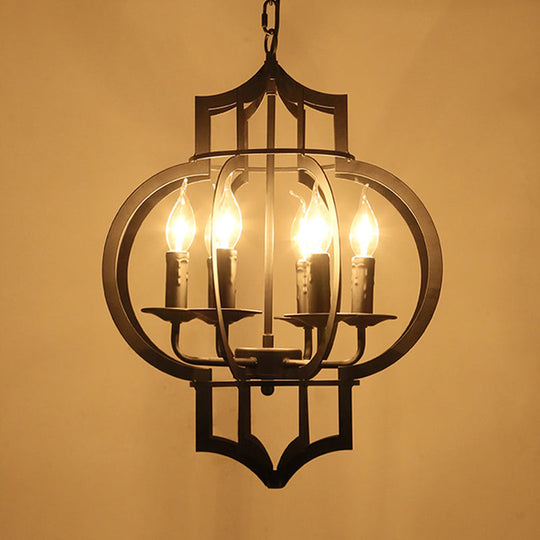 Retro Style 6-Light Metallic Black Chandelier Lantern - Ceiling Suspended Lamp