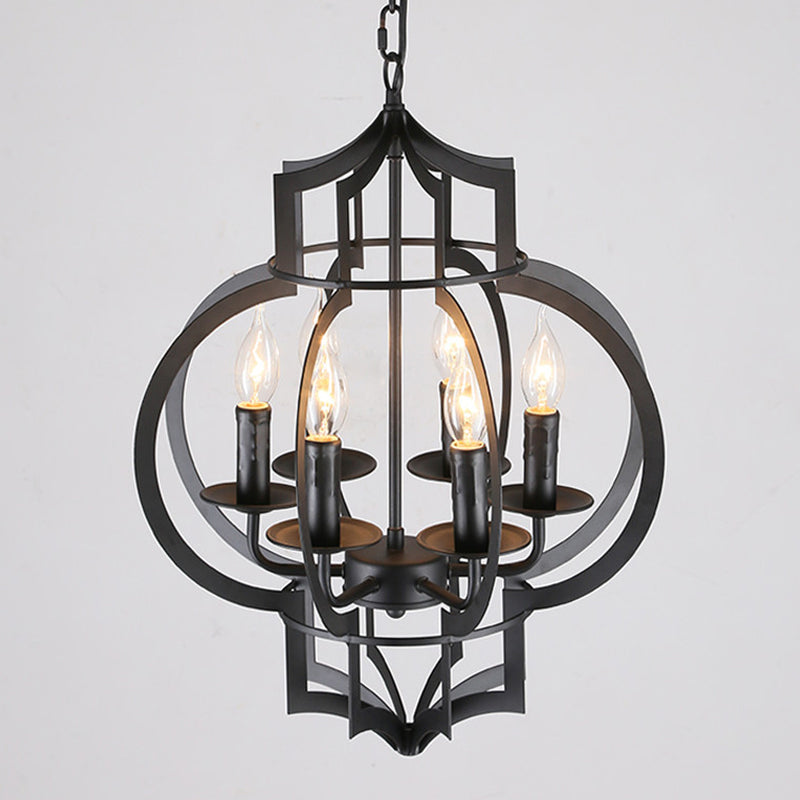 Retro 6-Light Black Metallic Chandelier Lantern for Ceiling Suspension