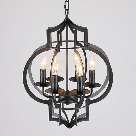 Retro Style 6-Light Metallic Black Chandelier Lantern - Ceiling Suspended Lamp