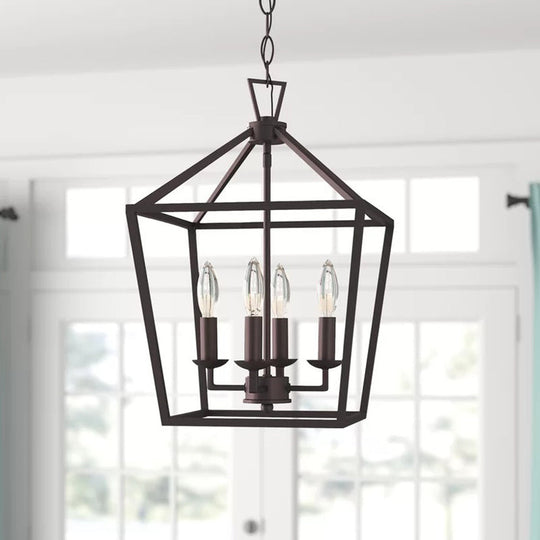 Vintage Iron Trapezoid Pendant Light Fixture - 4 Bulbs - Black - Kitchen Ceiling Chandelier