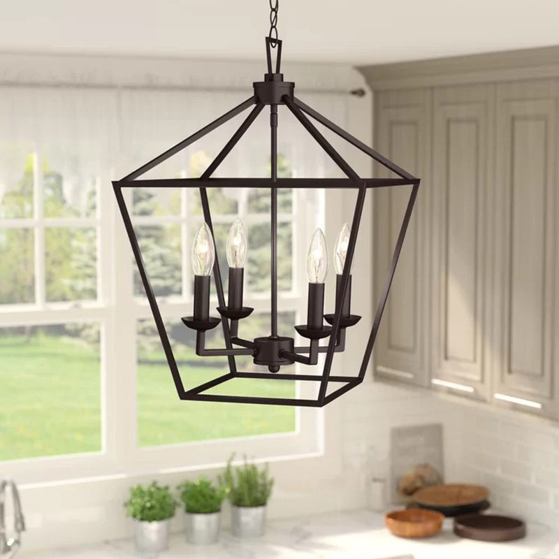 Vintage Iron Trapezoid Pendant Light Fixture - 4 Bulbs - Black - Kitchen Ceiling Chandelier