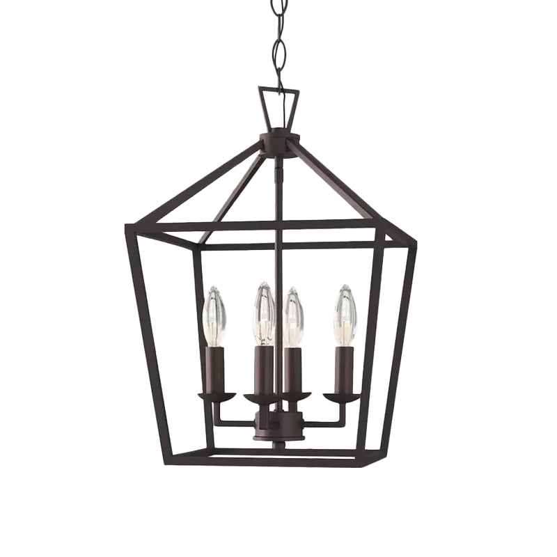 Vintage Iron Trapezoid Pendant Light Fixture - 4 Bulbs - Black - Kitchen Ceiling Chandelier