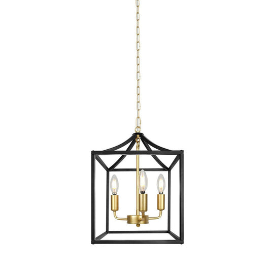 Industrial 3-Light Chandelier With Square Black And Gold Iron Cage For Kitchen Ceiling Pendant