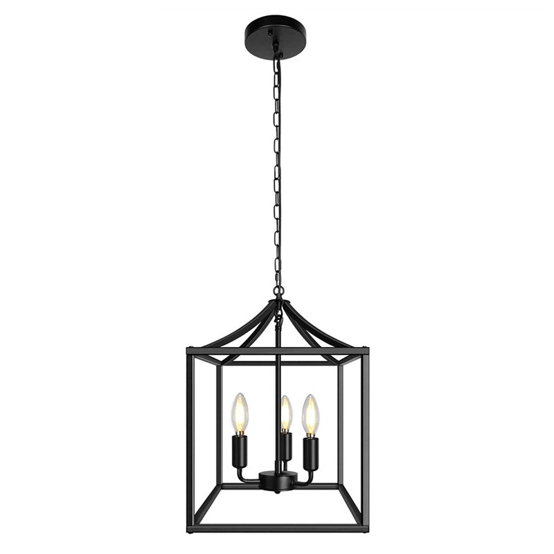 Industrial 3-Light Chandelier With Square Black And Gold Iron Cage For Kitchen Ceiling Pendant