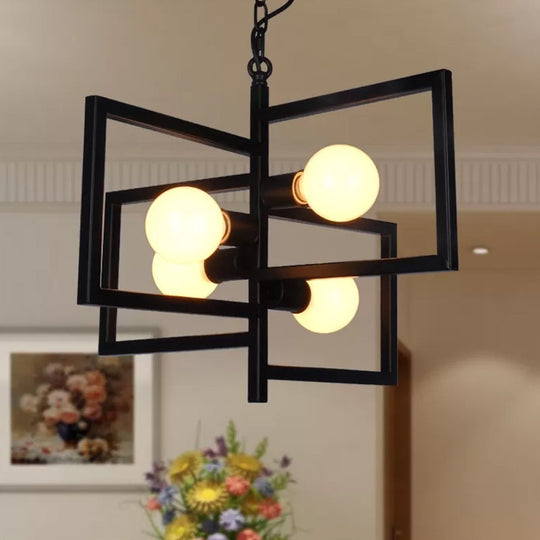 Industrial Iron Pendant Chandelier with 4 Lights for Square Living Rooms - Black