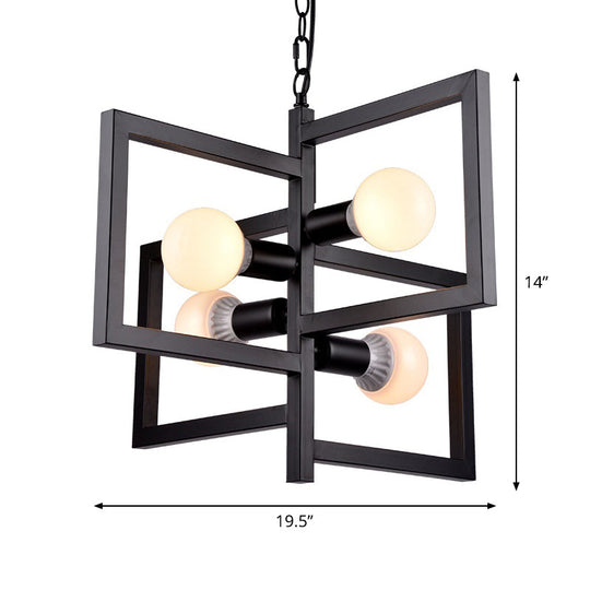 Industrial Iron Pendant Chandelier with 4 Lights for Square Living Rooms - Black