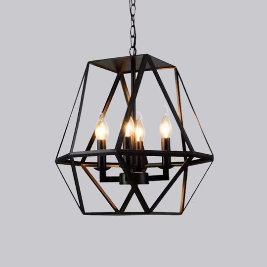 Rustic Trapezoid Cage Chandelier Pendant With 4 Bulb Black Iron Hanging Light