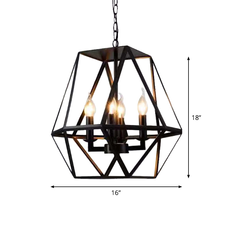 Rustic Trapezoid Cage Chandelier with 4 Black Iron Bulbs