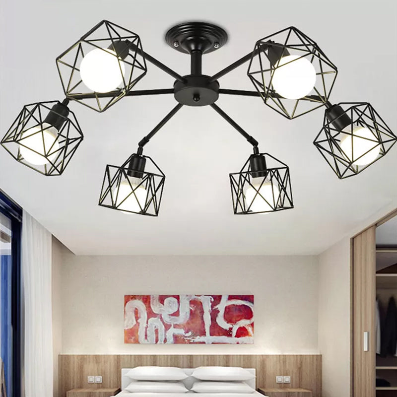 Iron Wire Cage Ceiling Chandelier - Rotating Pendant Lamp In Black For Bedroom 4/6/8-Light Option