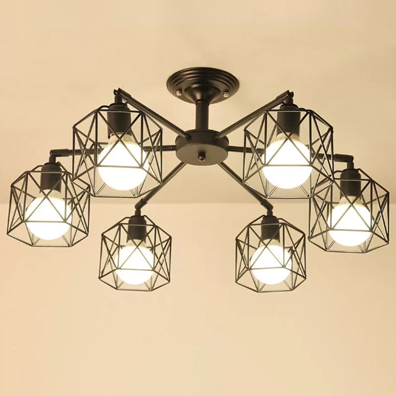 Iron Wire Cage Ceiling Chandelier - Rotating Pendant Lamp In Black For Bedroom 4/6/8-Light Option