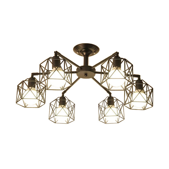 Iron Wire Cage Rotating Ceiling Chandelier - Warehouse Pendant Lamp, 4/6/8-Light in Black