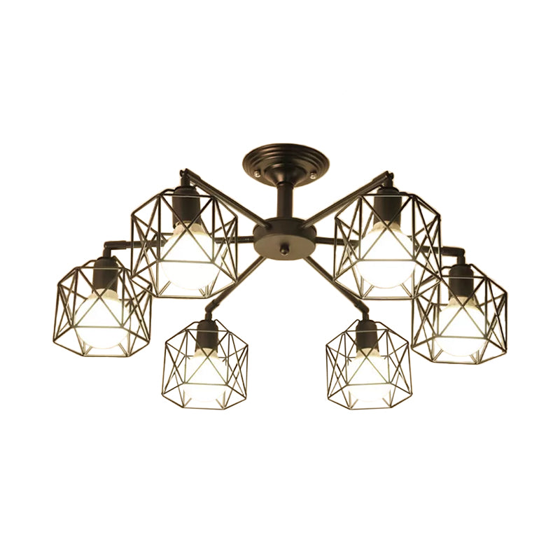 Iron Wire Cage Ceiling Chandelier - Rotating Pendant Lamp In Black For Bedroom 4/6/8-Light Option